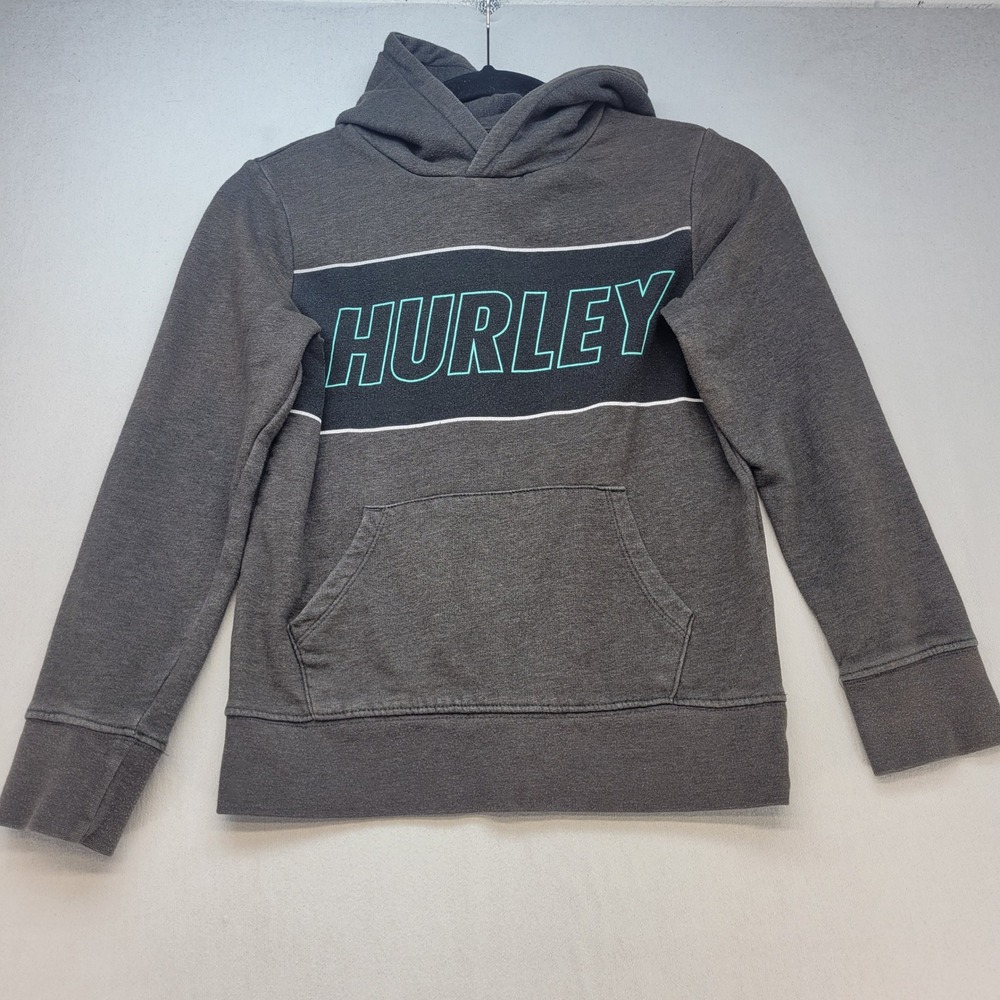 Hurley Hoodie Kids Small 8-10 Gray Pullover Logo Graphic Fleece Sweatshirt